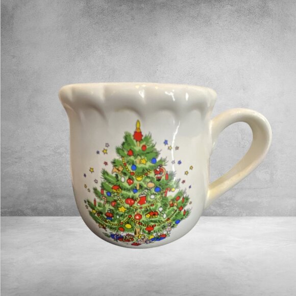 CHRISTMAS MUGS -- Set of 2, White, Decorated Christmas Tree, "Ruffled" Rim - Picture 2 of 5